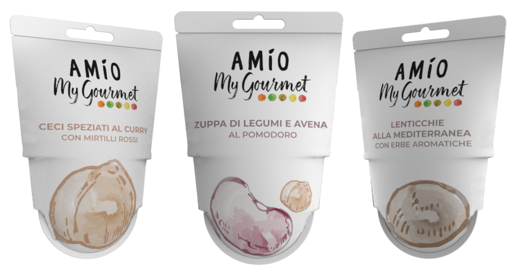 Three different graphics of the packaging: ceci speziati al curry, zuppa di legumi e avena, lenticchie alla mediterranea.