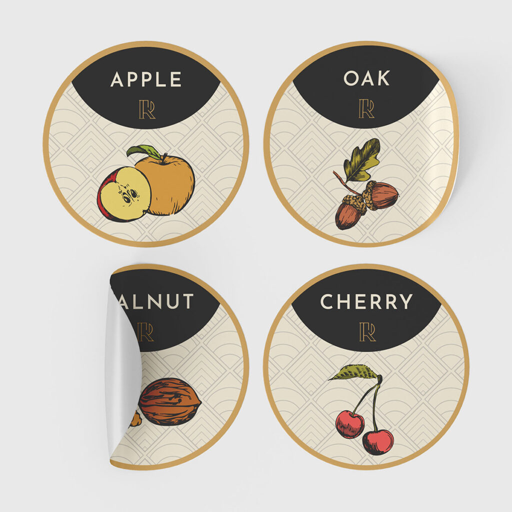 All the labels designed for Retrobar: oak, pecan, walnut, apple and cherry.