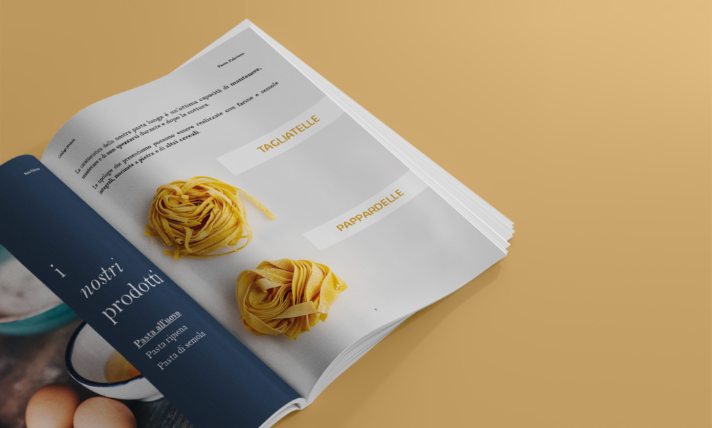 Pages of the catalogue designed for Pasta Fabriano. There are two images of the pasta.