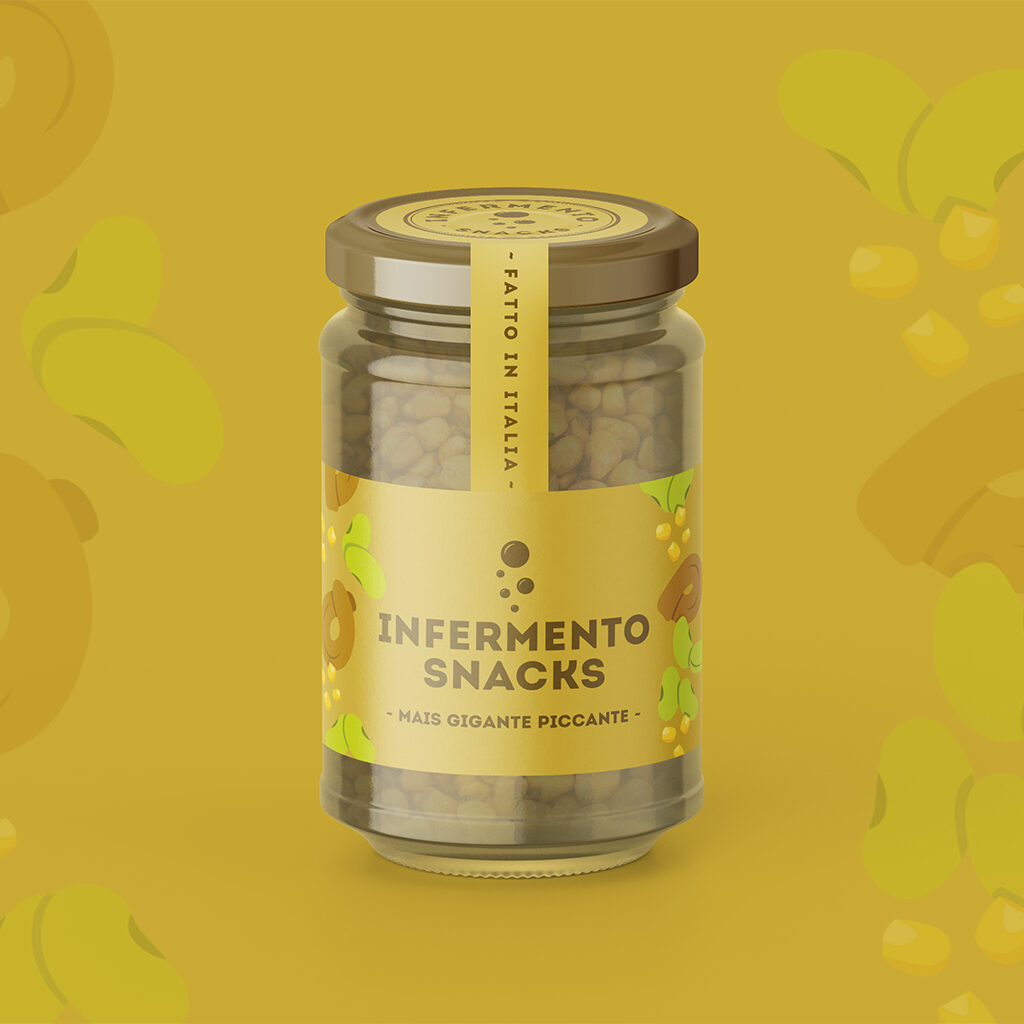 A jar of mais with the new label of Infermen.TO Snacks. The colours are the shadows of yellow.