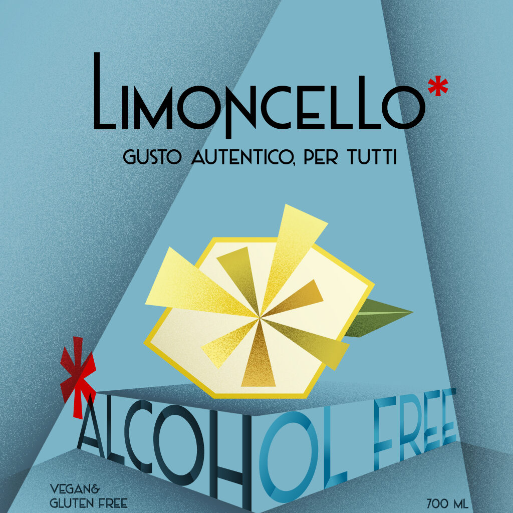 Limoncello label. In the foreground the words 'Alcohol Free', then the main ingredients drawn in futurist style.